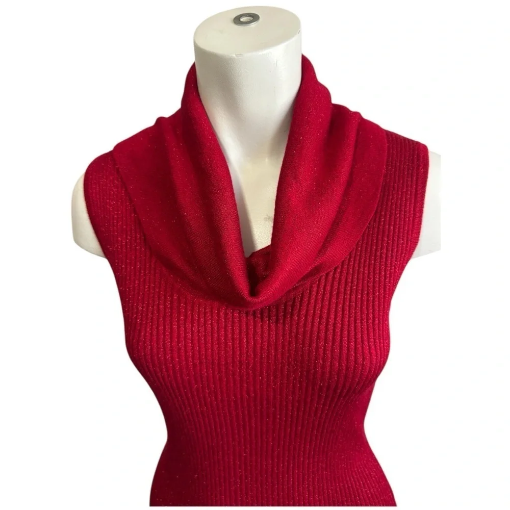 Ribbed Red Cowl Neck Tunic Sweater Women’s Medium Parisian Chic Minimalist